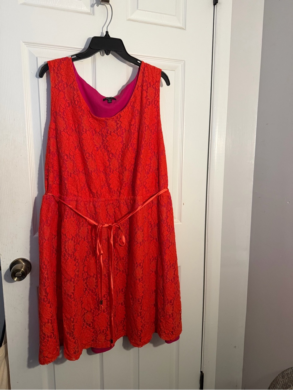 Sleeveless Lace Fit & Flare Dress in Bright Orange and Pink